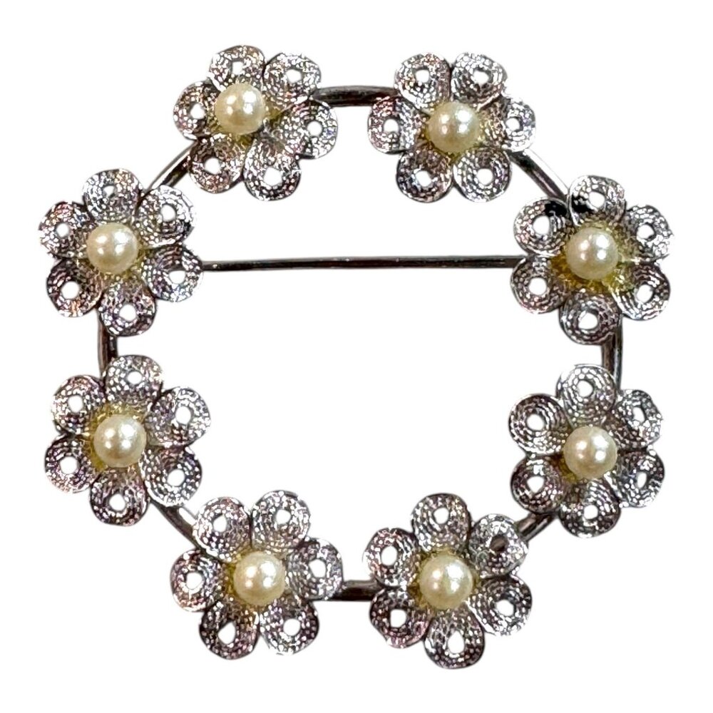 Vintage Bead Sterling Silver Flower Wreath Brooch Faux Pearl Accents Art Deco
